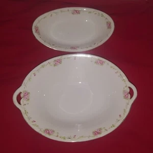 2 Antique Nippon Hand Painted Pink Rose Gold Trim Double Handled Platter & Plate - Picture 1 of 12