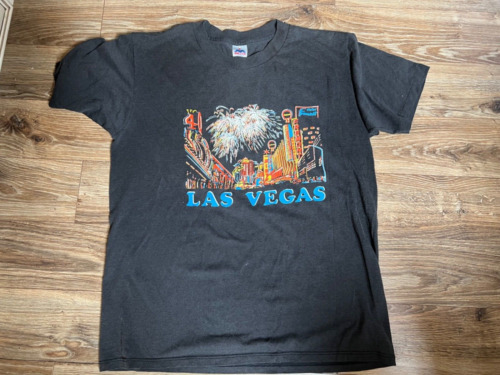 T-shirt à rayures rare vintage années 1970 Las Vegas point simple taille coton fin TAILLE XL