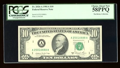 DBR 1981-A $10 FRN Boston Fr. 2026-A PCGS 58 PPQ Serial A25010888A - Image 1 of 2