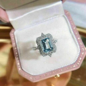 2.50 Ct Natural Aquamarine & Diamond Engagement Ring 14K Solid White Gold Size 6 - Picture 1 of 8