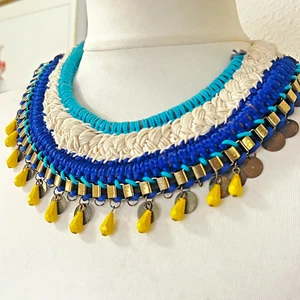 y2k Chunky Handmade Knitted Tribal Necklace Macrame Coined Choker Statement - Picture 1 of 7