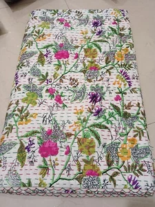 white paradise cotton throw bedspread king size blanket handmade floral print ab - Picture 1 of 12