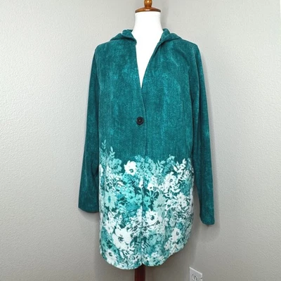 CUDDL DUDS 1 Botón Chaqueta con Capucha Bata XL Verde Floral Borde Estampado Acogedor Vellón Foto 1 de 4