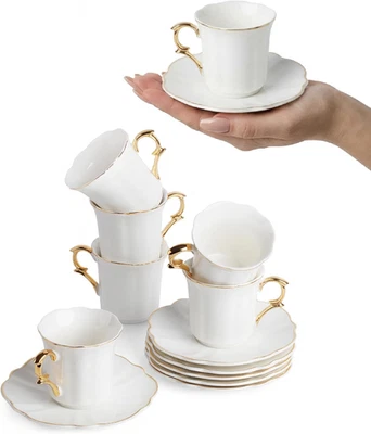 Tazas de café espresso blancas con platillos, juego de 6 (3 OZ), taza de café turco de porcelana  Foto 1 de 4