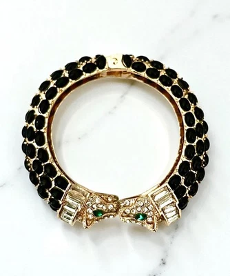 Black Beads Panther Green Eyes Big Cat Chunky Statement Hinge Bangle Bracelet - Image 1 of 4