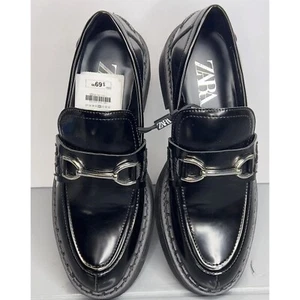 Zara Womens Lug Sole Patent Metal Buckle Loafers Black Sz 38 - Picture 1 of 6