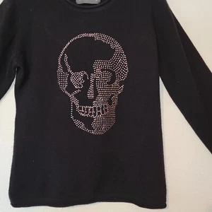 "Til The End", schwarzer Kaschmirpullover mit rosa Strass Totenkopf - Bild 1 von 7
