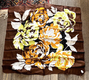 Vintage silk scarf floral graphic on Brown and Black with Chartreuse Green Brown