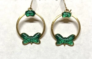Enamel earrings. GOLD PLATE HOOP with Butterfly design- Green Enamel earrings - Picture 1 of 3