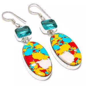 Mosaic Jasper, Tourmaline Gemstone 925 Sterling Silver Earring 2.60 " F667 - Picture 1 of 7