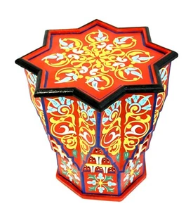 Moroccan Side Table Red Star Painted Handmade Accent Corner End Piece Authentic - Picture 1 of 4