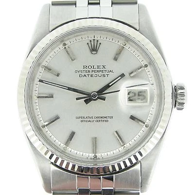 Rolex Datejust Mens Stainless Steel Watch 18K White Gold Bezel Silver Dial 1601 - Image 1 of 4