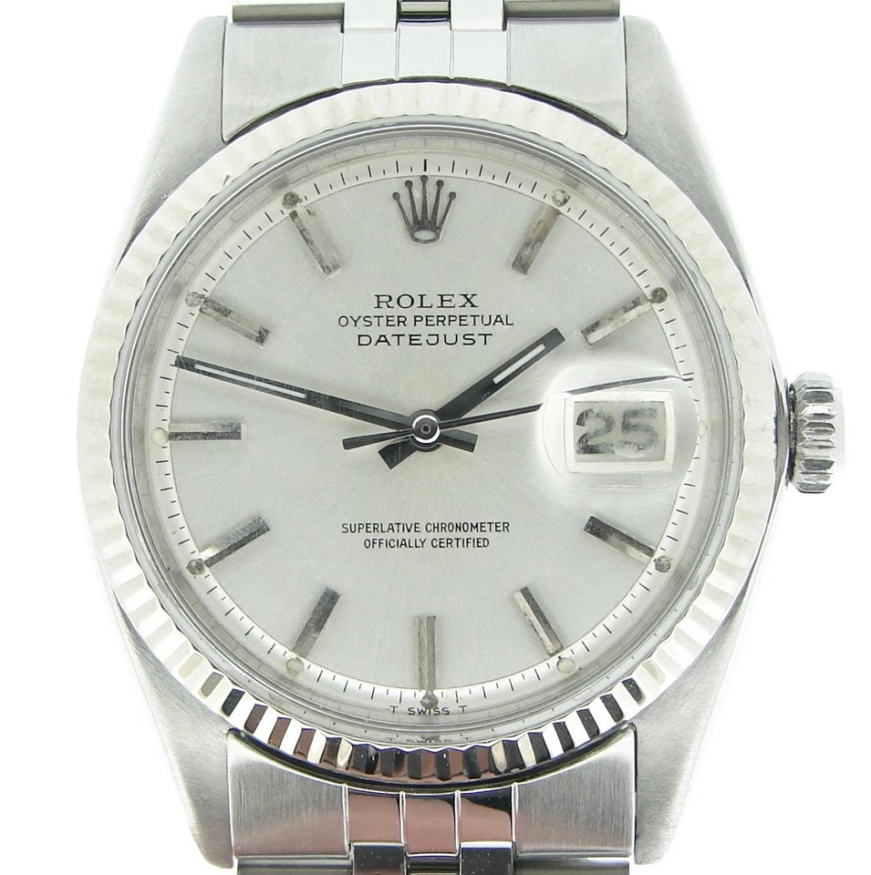 Reloj Rolex Datejust para hombre de acero inoxidable con bisel de oro blanco de 18 quilates esfera plateada 1601 Foto 1 de 4