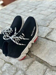 Balenciaga Speed Trainer Lace Up Sneakers Black Red Women’s Sz 6 Knit Sock Shoe - Picture 1 of 11