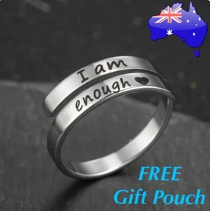 I AM ENOUGH Stainless Steel Inspirational Quote Open Positivity Ring Gift Unisex - Picture 1 of 5
