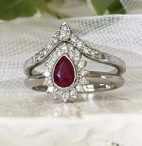 Art Deco Style 3Ct Pear Cut Created Red Ruby Halo Ring Set 14k White Gold Plated - Picture 1 of 6
