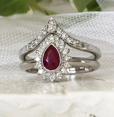 Art Deco Style 3Ct Pear Cut Created Red Ruby Halo Ring Set 14k White Gold Plated - Image 1 of 4