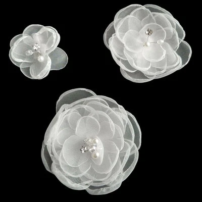 lot 3 Pinces à cheveux bibi mariage cérémonie organza fleur plate blanche perles - Photo 1/3