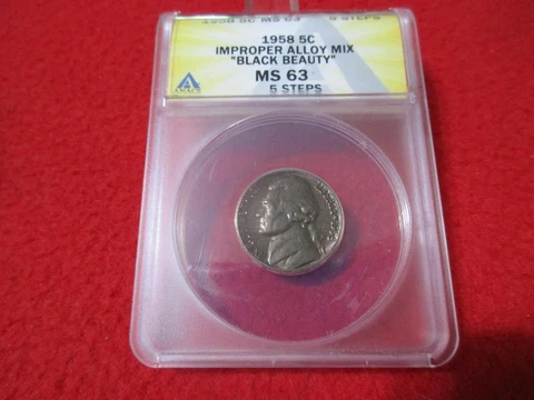 1958 Jefferson Nickel  ANACS MS 63 5 STEPS "BLACK BEAUTY" IMPROPER ALLOY  #T3022 Cover