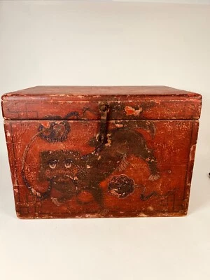 Antique 19th Century Red Chinese Box Painted W/Foo Dog Decoration W. Iron Hasp - Image 1 of 4