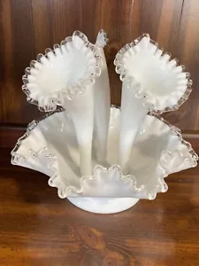 Fenton Vintage White Milk Glass Silver Crest Three 3 Horn Epergne (M) - Picture 1 of 9