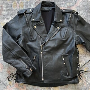 Giacca Moto Doppio Colletto Pelle Nera Uomo Piccoli Lacci Laterali Boxy Cropped - Foto 1 di 11