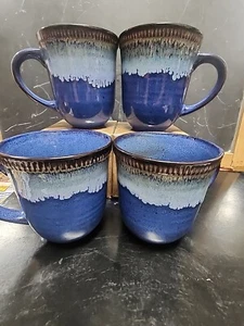 Beautiful Blue Coffee Mugs. Set Of 4. Over And Back 14 Ounces Each New - Picture 1 of 7