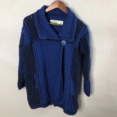 Aran Crafts开衫毛衣女式大号蓝色美利奴羊毛电缆针织开口阅读 — 第 1/4 张图片