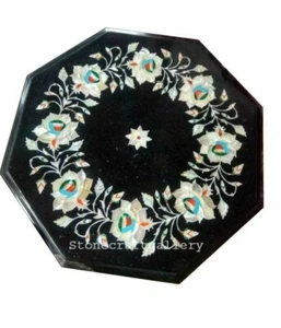 15" Black Marble side corner Table Top Pietra Dura Inlay art Home Decor - Picture 1 of 3