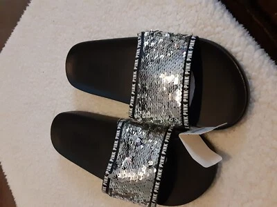 VICTORIA SECRET ROSA Bling Lentejuelas Plateadas Logo Diapositivas L 9-10 RARO DIFÍCIL DE ENCONTRAR  Foto 1 de 4