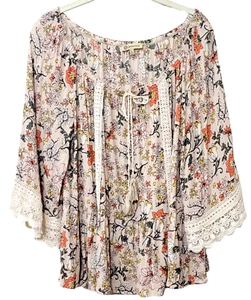 Democracy Bell Sleeves Boho Ribbed Tunic Blouse Crochet Trim Sz L - Picture 1 of 6