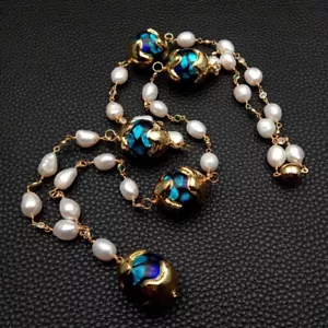 33" Cultured White Baroque Pearl Blue Murano Glass Rosary Chain Long Necklace - Picture 1 of 6