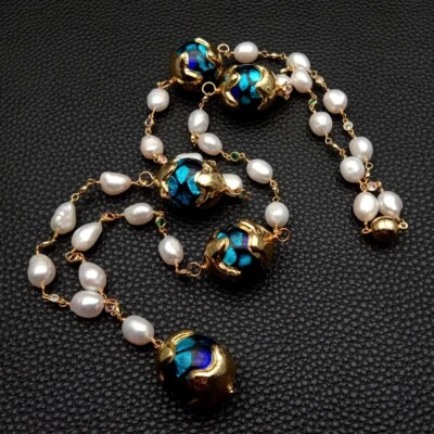 33" Cultured White Baroque Pearl Blue Murano Glass Rosary Chain Long Necklace - Image 1 of 4