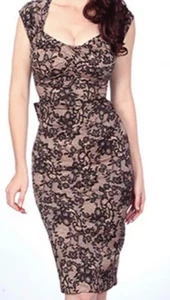 Stop Staring Alicia Estrada 50s Style Wiggle Dress Nude Black Lace Print M UK12 - Picture 1 of 8