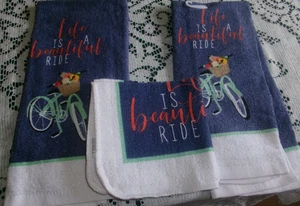 4 Pc Set of Life is a Beautiful Ride Print Cotton Kitchen Towels & Dishcloths - Picture 1 of 4