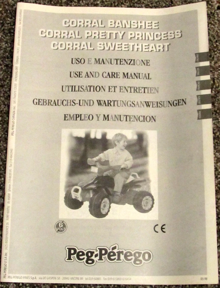 Peg Perego Corral Banshee Princess Sweetheart Use & Care Owners Manual 03/98 - Image 1 of 1