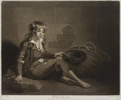 GRAHAM (*1794) nach RISING (18.Jhd), Armut, Bettelknabe an der Mauer,  1792, Mez - Bild 1 von 4