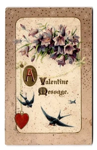 Vintage 1913 Valentine Postcard Purple Flowers Swallows Heart - Picture 1 of 2