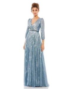 Abito da sposa blu ardesia nuovo con etichette Mac Duggal taglia 16 paillettes avvolgente manica a 3/4 - Foto 1 di 10