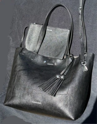 EUC Calvin Klein PVC Reversible Large Tote Black Grey Crossbody Strap Pouch - Image 1 of 4