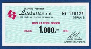 1000 Dinara (HRD) ND1990's Croatian local note Litokarton Osijek, bons, coupone - Picture 1 of 2