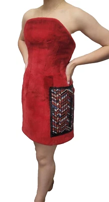 Mini vestido vintage rojo de piel de oveja sin tirantes con bolsillo de cuero con cuentas talla M Foto 1 de 4