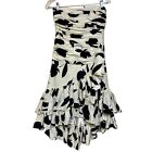 WHBM VINTAGE 100% Silk Y2K Flare Strapless Floral White-Black Fringe Knee Dres 4