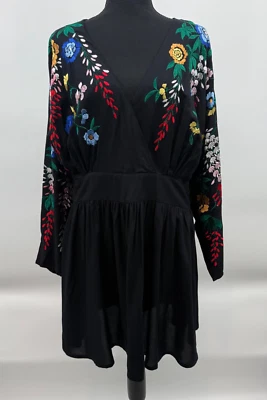 Vestido Asos Feminino 8 NOVO Preto Bordado Envoltório Decote V Manga Longa Leve - Imagem 1 de 4