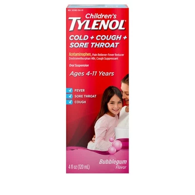 Tylenol Infantil Resfriado + Tosse + Dor de Garganta, Idades 4-11, Chiclete, 4 fl oz - Imagem 1 de 4