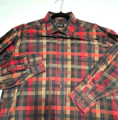 St. Croix Para Hombres XL Manga Larga Botón Rojo Naranja Negro Cuadros Vacaciones Preppy Italia Foto 1 de 4