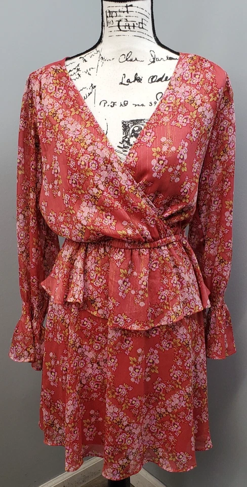 Vestido LC Lauren Conrad En Capas Mujer M Multi Floral Metálico Transparente Cuello Sobrepelliz Foto 1 de 4