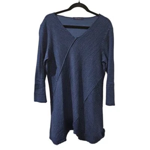 Túnica asimétrica a rayas sueltas corte para mujer azul algodón manga larga talla grande - Imagen 1 de 7