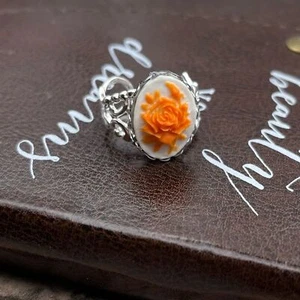 Ring Neon Orange Rose Floral Oval Kamee Silber Edelstahl Offener Rücken - Bild 1 von 13