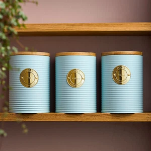 Tea Coffee Sugar Kitchen Storage Bin Jars 3pc Set Blue & Gold Cooks Professional - Picture 1 of 1